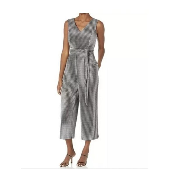 Calvin Klein Black & White Gingham Checkered Sleeveless Jumpsuit Fall Work - Picture 2 of 14